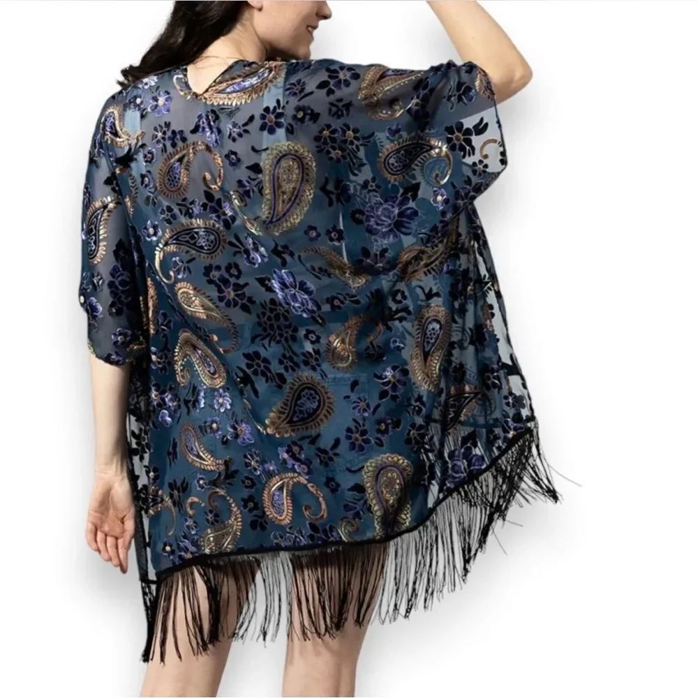 Blue Gold Paisley Velvet Black Fringe Kimono Jacket Duster NWT